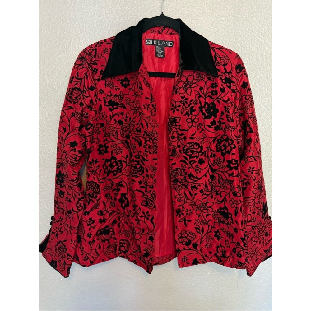 Vintage Silkland 100% Silk Jacket Blazer Red Black Velvet Collar Floral Size S